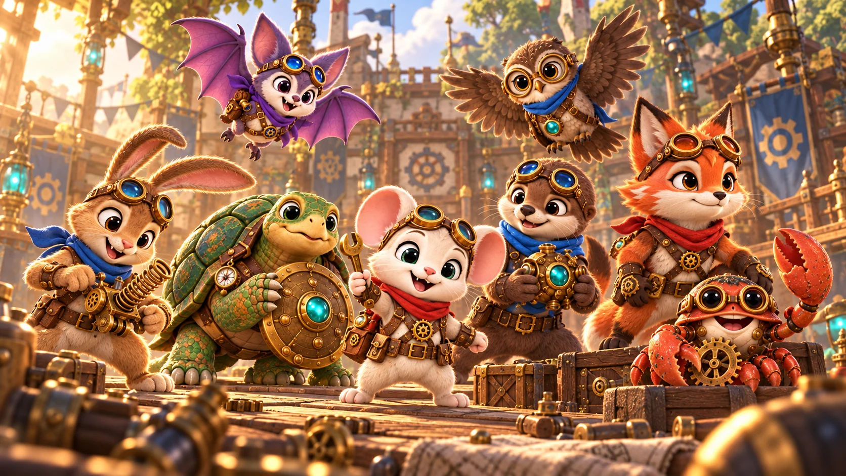 The eight Rivet Rascals stand together, ready for a playful workshop battle.