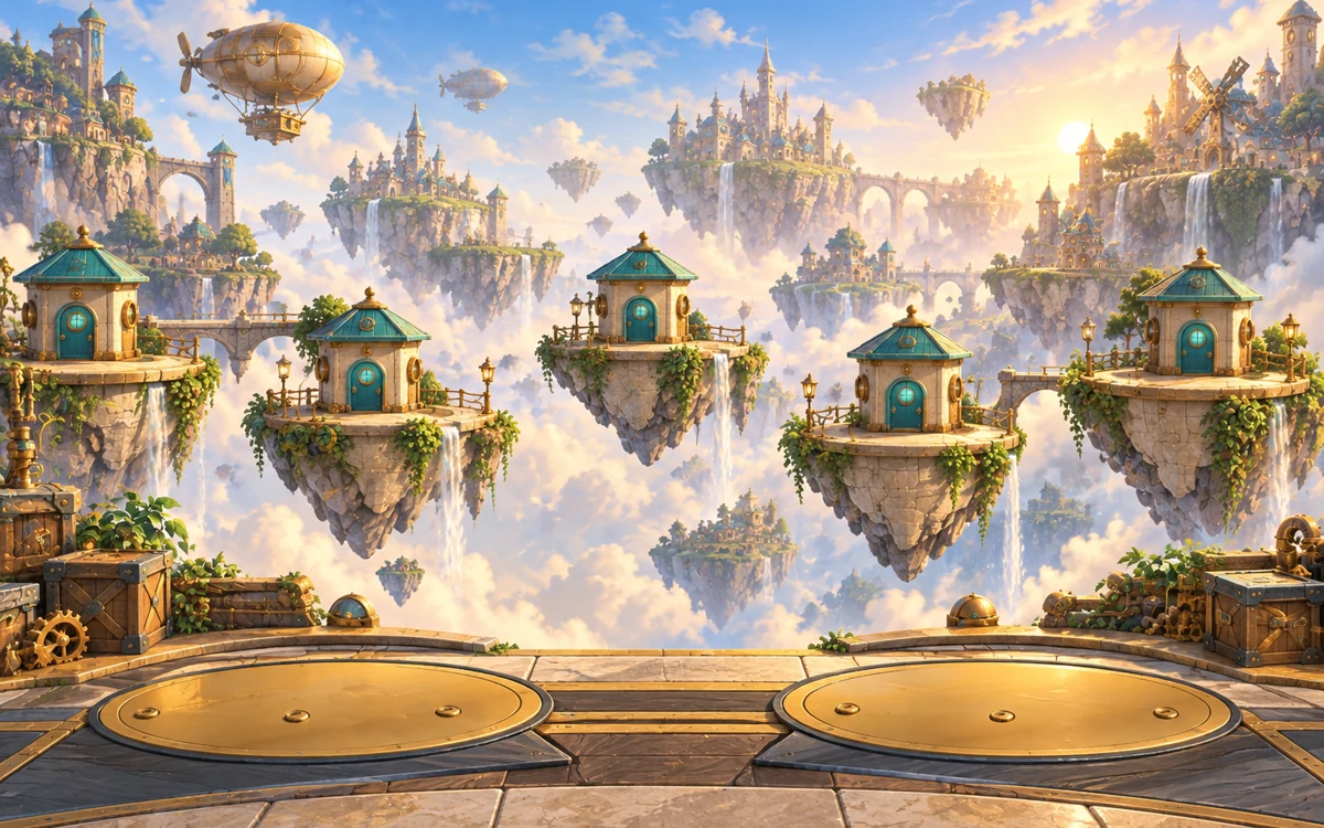 A richly illustrated clockwork world with warm workshops, distant mountains and glowing mechanical details.