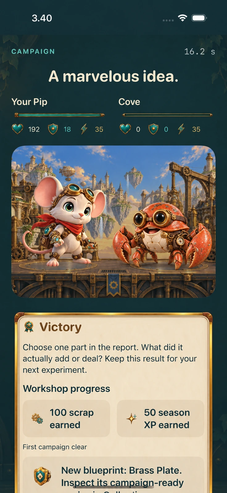 Pip faces Cove the crab in Rivet Rascals, with the victory card and workshop rewards.