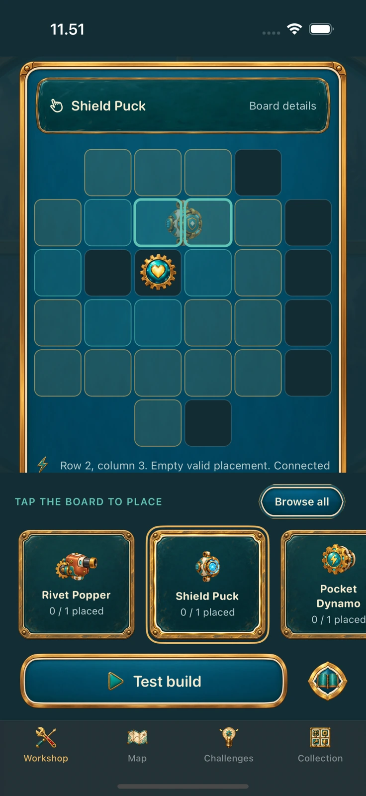 Rivet Rascals native game construction board with a heart, Shield Puck part and placement controls.