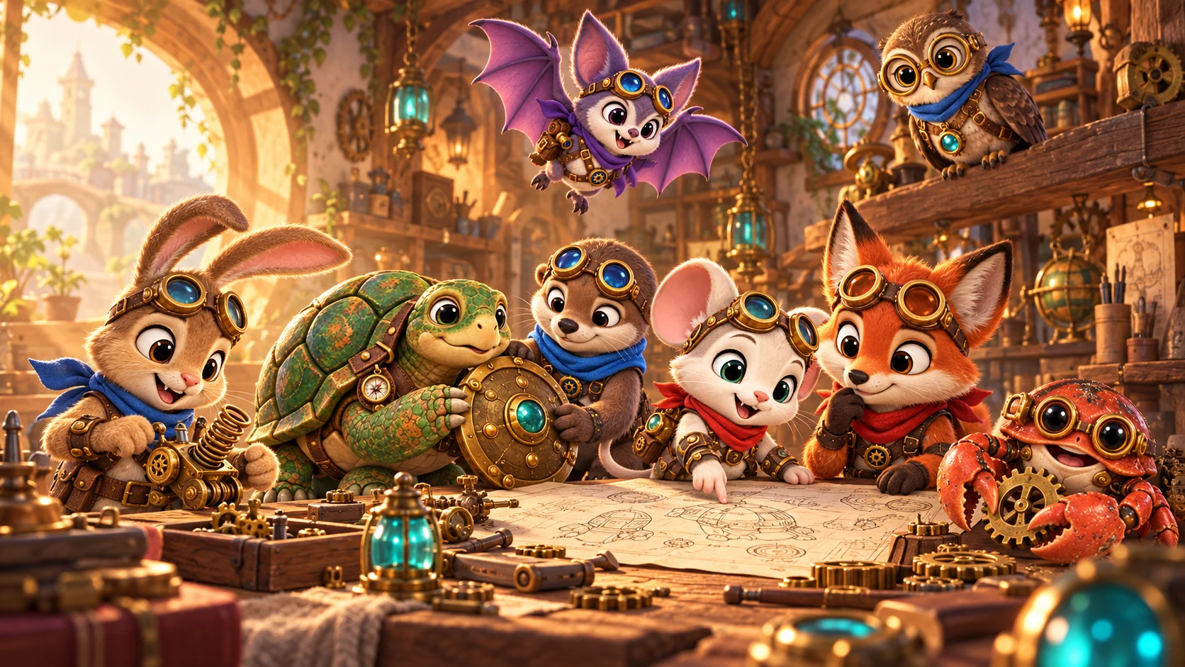 Eight clockwork Rascals gather in a sunlit workshop, preparing their inventions for a friendly battle.